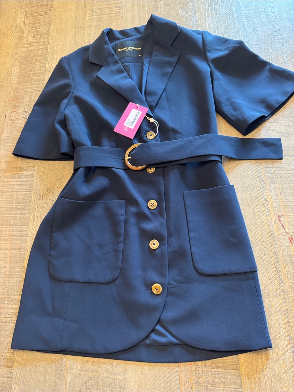 Amanda Uprichard Navy Short-Sleeve Belted Blazer Dress